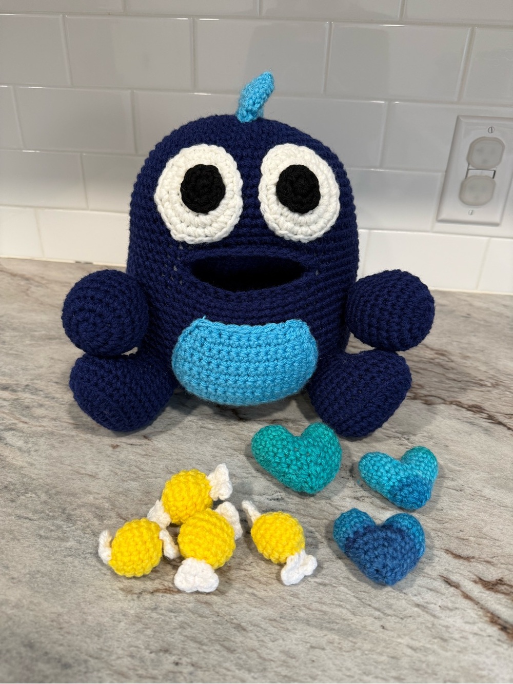 Handmade Navy Blue Crochet Eating Monster Toy